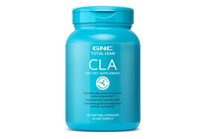 A teal blue bottle of Total Lean CLA Dietary softgels supplement